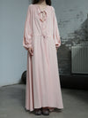 INTO THE EAST 25 Autumn and Winter Pink Lace Drawstring Collar Silk Dress ITE-E1DGAW023PK20DS-FEN Pink